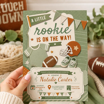 Green Football Baby Shower Invitation for Boys — invitation you personalize in Canva