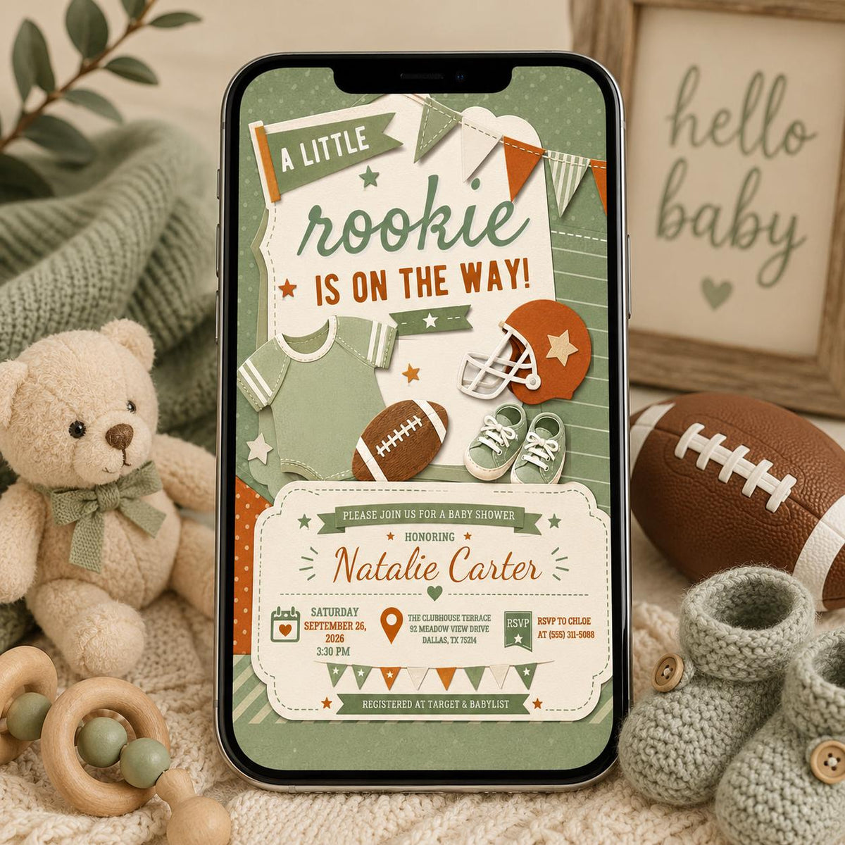 Green Football Baby Shower Invitation for Boys — print-ready baby shower design from VoltBy