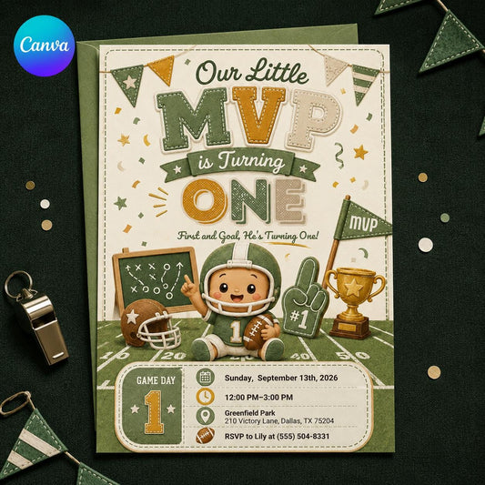 Green Football First Birthday Invitation for Boys — editable Canva template