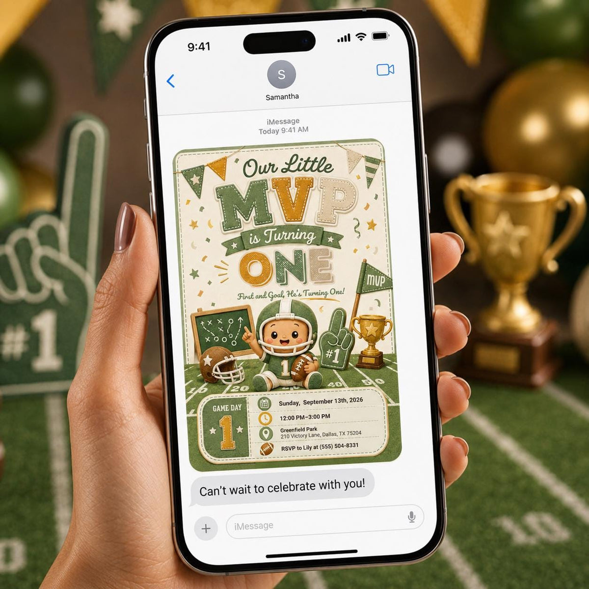 Green Football First Birthday Invitation for Boys — sports design