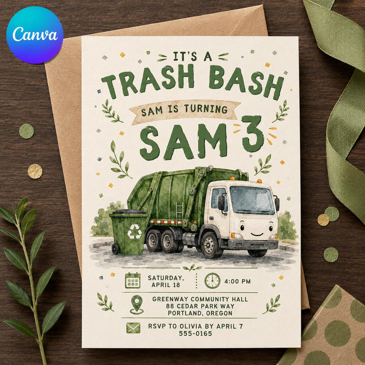Green Garbage Truck 3rd Birthday Invitation — editable Canva template