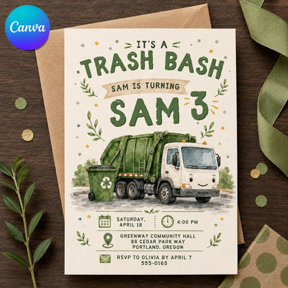 Green Garbage Truck 3rd Birthday Invitation — editable Canva template