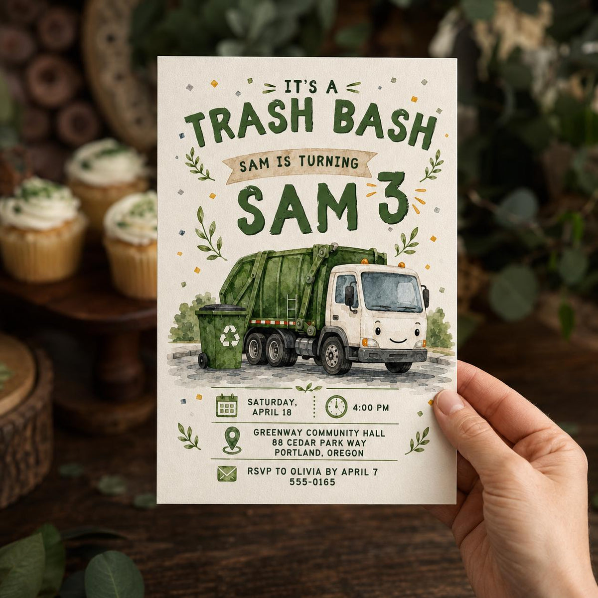Green Garbage Truck 3rd Birthday Invitation — print-ready 3rd birthday party design from VoltBy