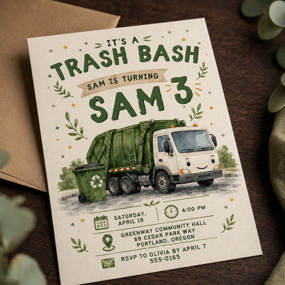 Green Garbage Truck 3rd Birthday Invitation — 3rd birthday party stationery by VoltBy