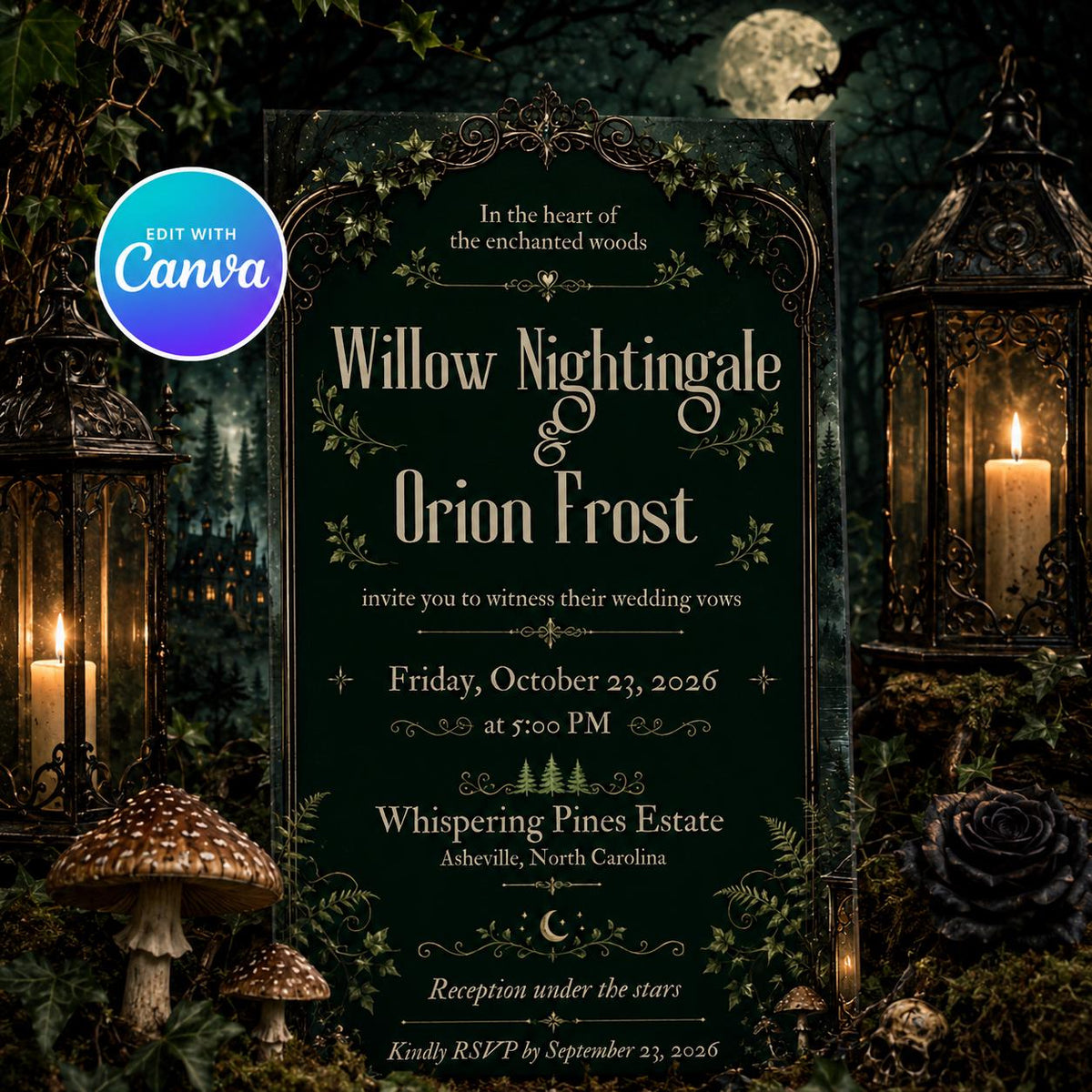 Green Gothic Enchanted Forest Wedding Invitation — editable Canva template