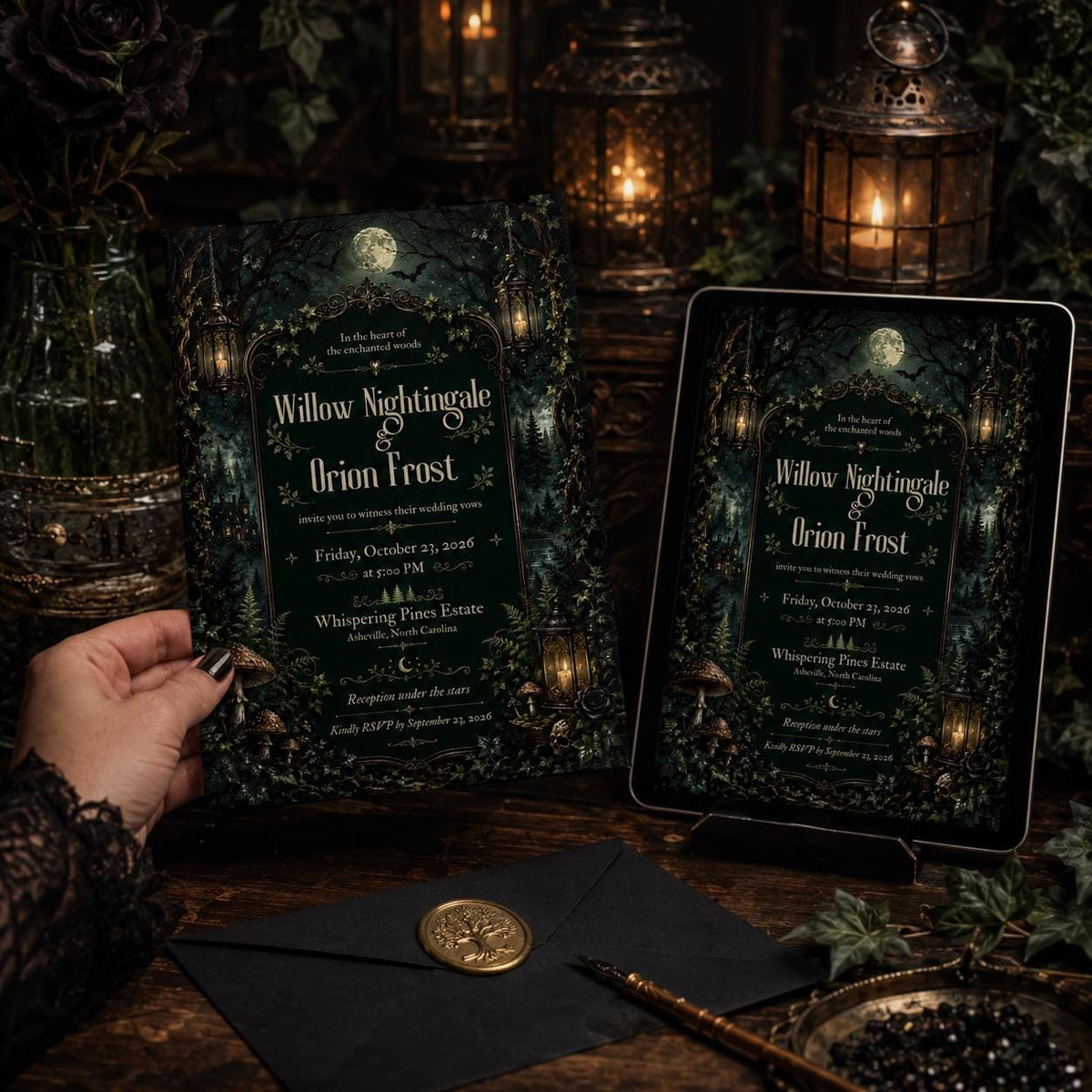 Green Gothic Enchanted Forest Wedding Invitation — woodland design