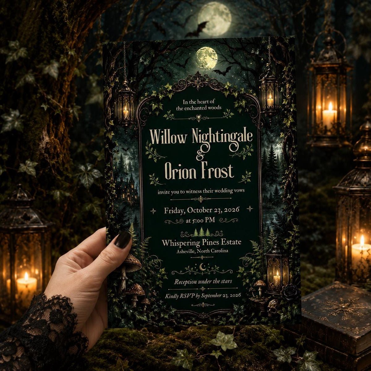 Green Gothic Enchanted Forest Wedding Invitation — invitation you personalize in Canva