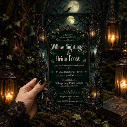 Green Gothic Enchanted Forest Wedding Invitation — invitation you personalize in Canva