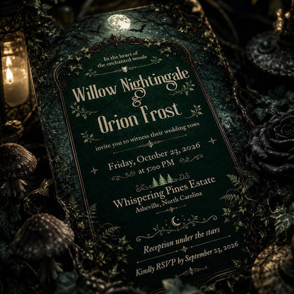 Green Gothic Enchanted Forest Wedding Invitation — print-ready wedding design from VoltBy