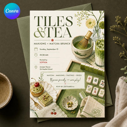 Green Mahjong Brunch Invitation — editable Canva template