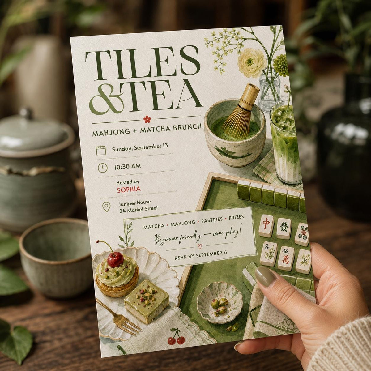 Green Mahjong Brunch Invitation — invitation you personalize in Canva
