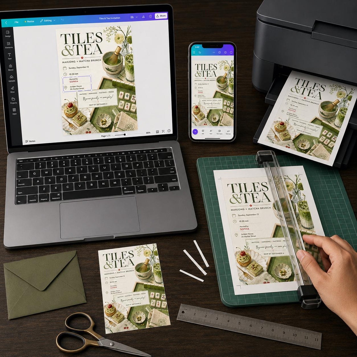 Green Mahjong Brunch Invitation — print-ready tea party design from VoltBy