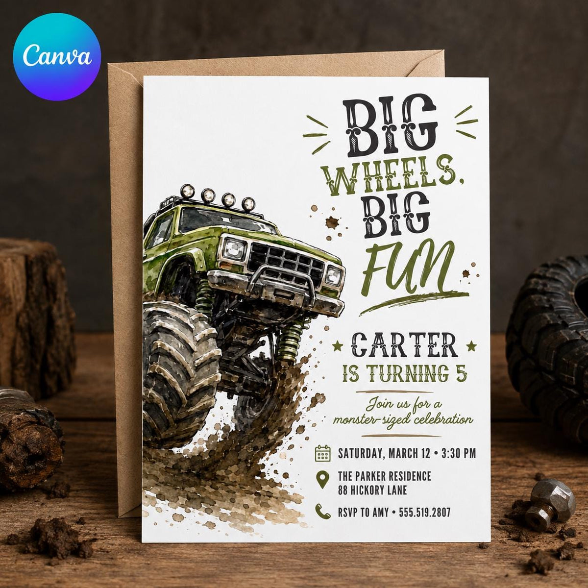 Green Monster Truck 5th Birthday Invitation for Boys — editable Canva template