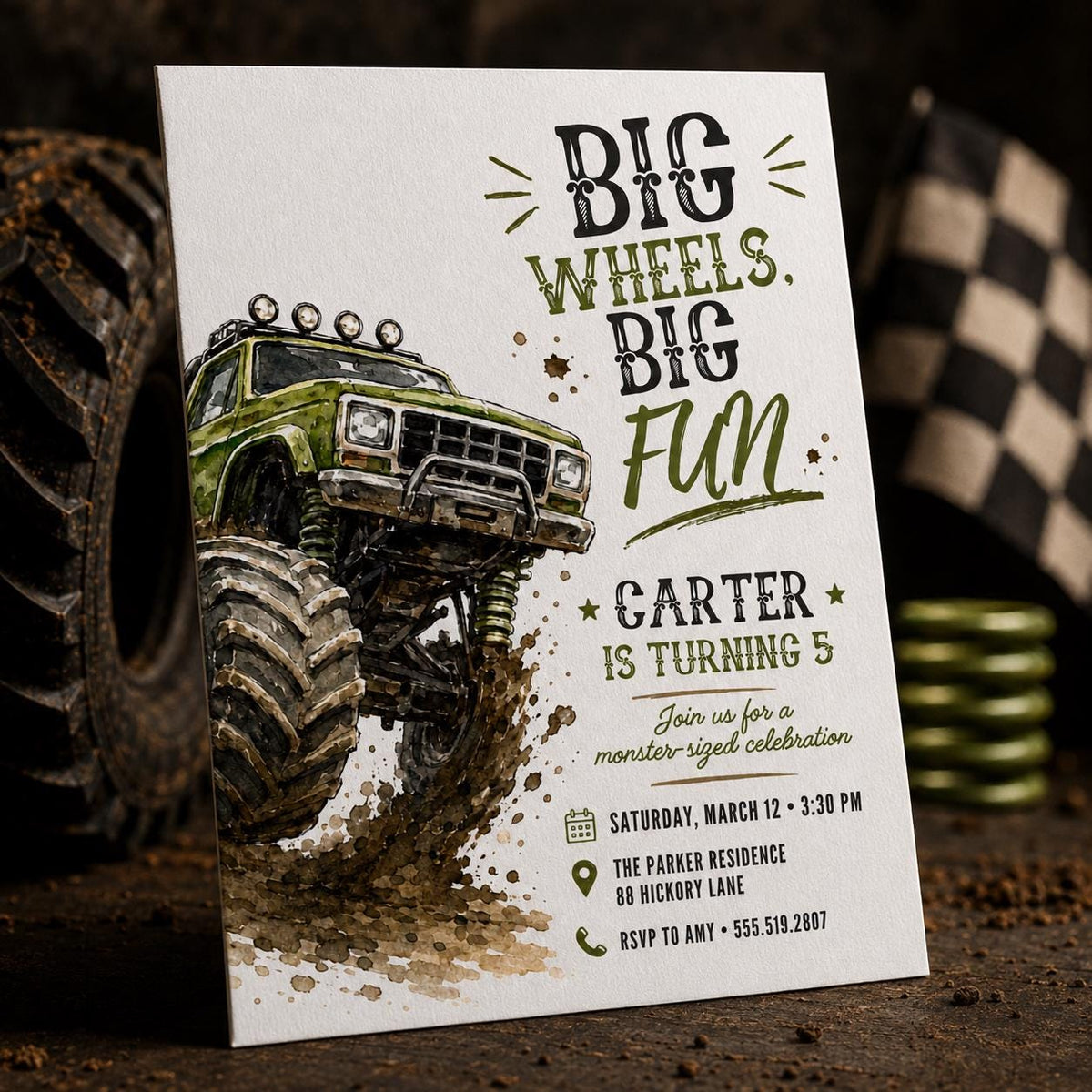 Green Monster Truck 5th Birthday Invitation for Boys — 5th birthday party stationery by VoltBy