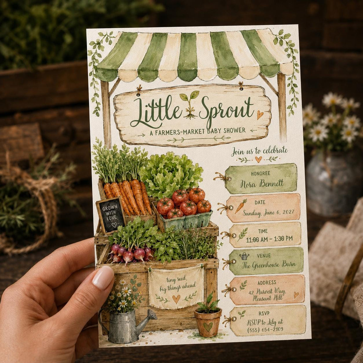 Green Rustic Farmers Market Baby Shower Invitation — invitation you personalize in Canva