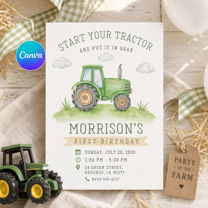 Green Tractor 1st Birthday Invitation — editable Canva template