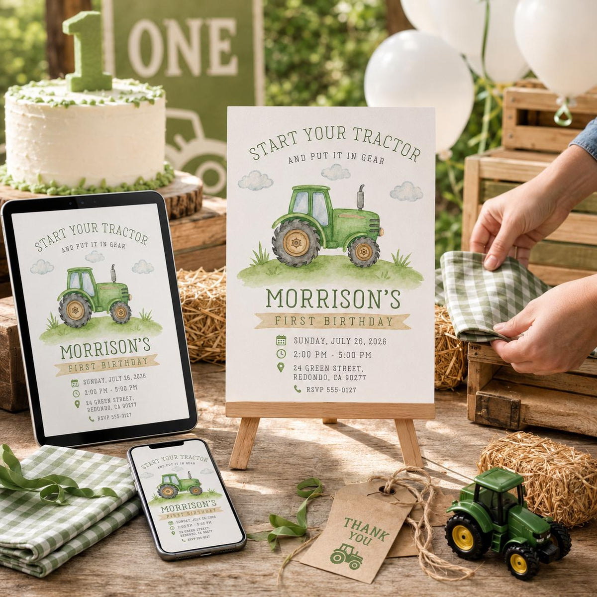 Green Tractor 1st Birthday Invitation — farm design