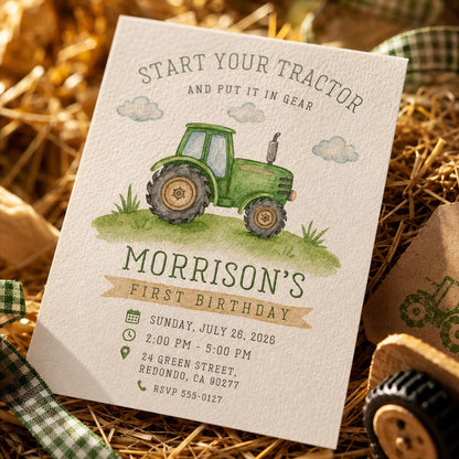 Green Tractor 1st Birthday Invitation — print-ready first birthday design from VoltBy