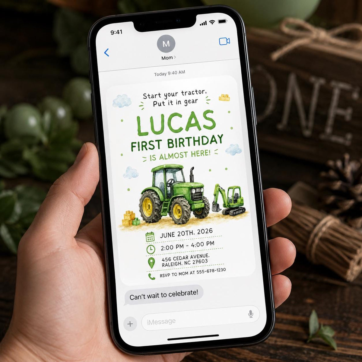 Green Tractor First Birthday Invitation: Green Farm Construction Party for Boy — invitation you personalize in Canva