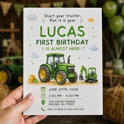 Green Tractor First Birthday Invitation: Green Farm Construction Party for Boy — print-ready first birthday design