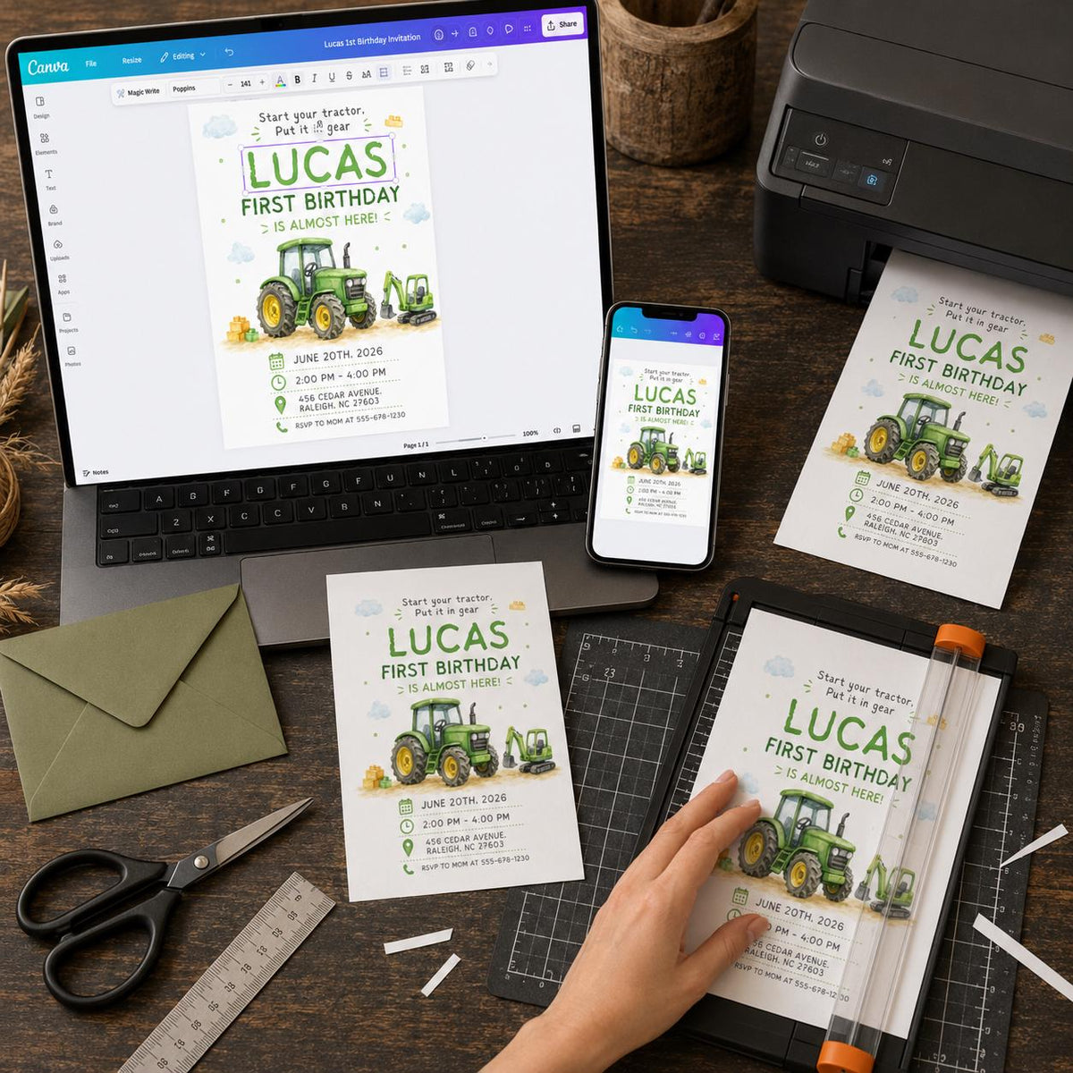 Green Tractor First Birthday Invitation: Green Farm Construction Party for Boy — digital invitation, instant download