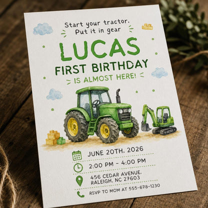 Green Tractor First Birthday Invitation: Green Farm Construction Party for Boy — first birthday stationery by VoltBy