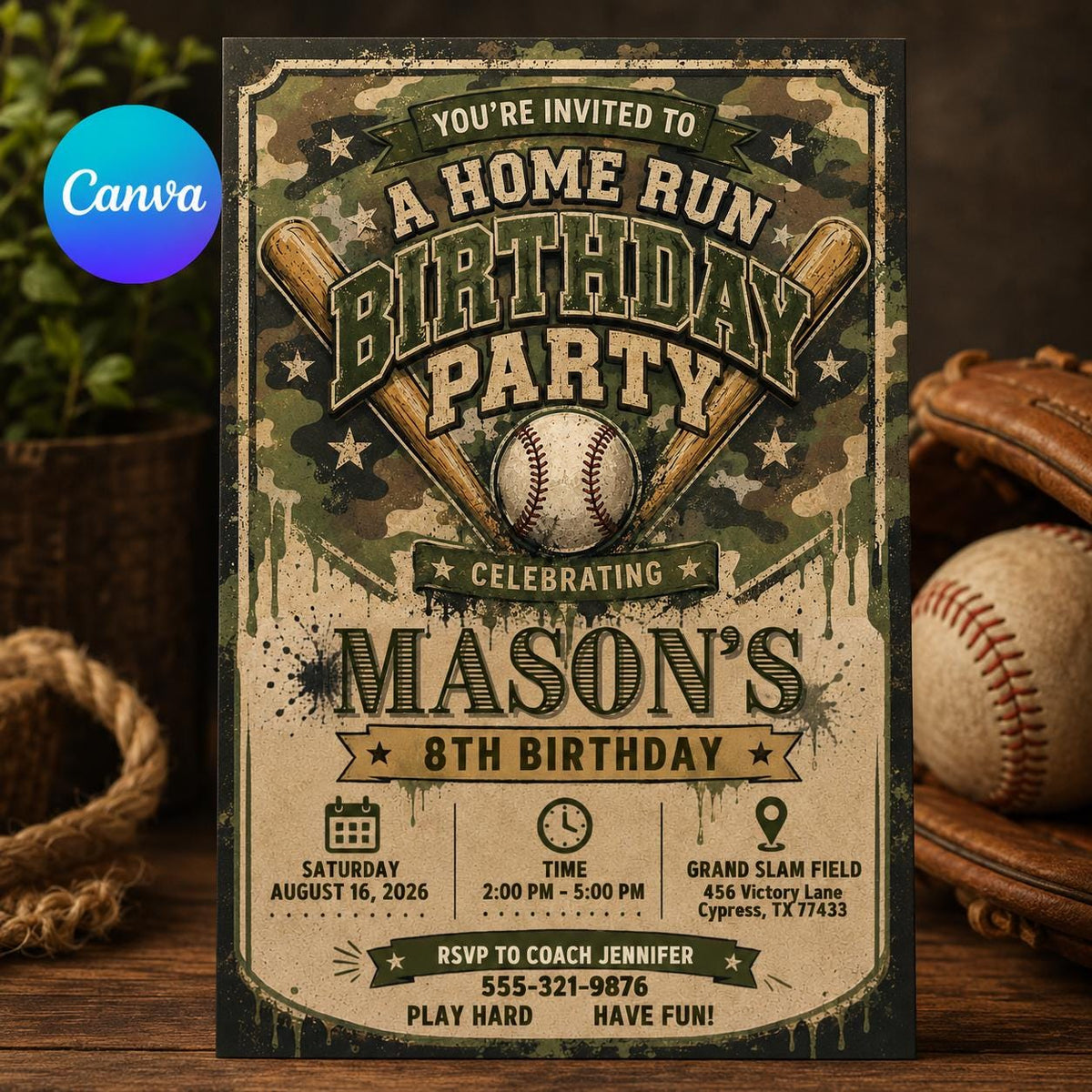 Green Vintage Baseball Birthday Invitation — editable Canva template