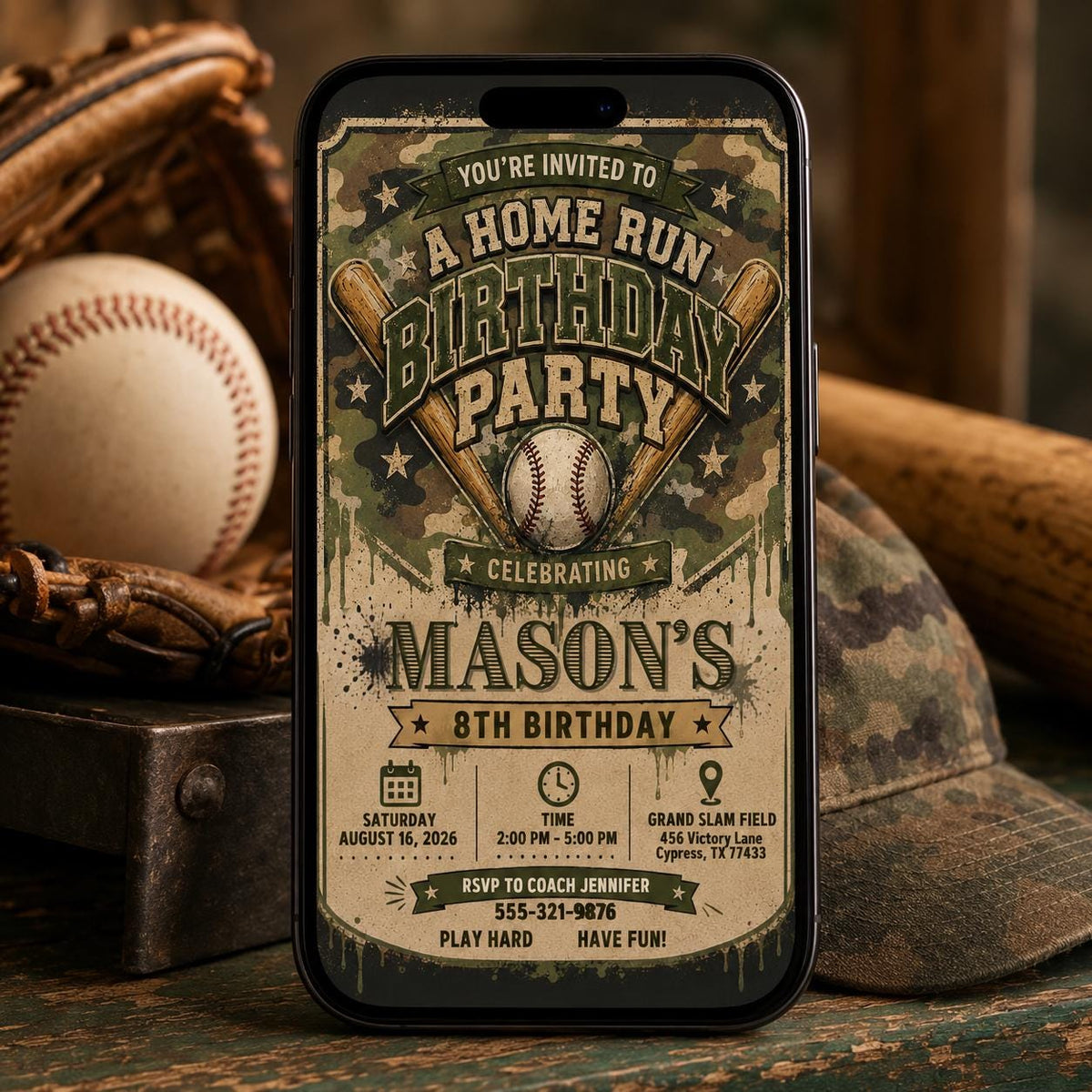 Green Vintage Baseball Birthday Invitation — print-ready birthday party design from VoltBy