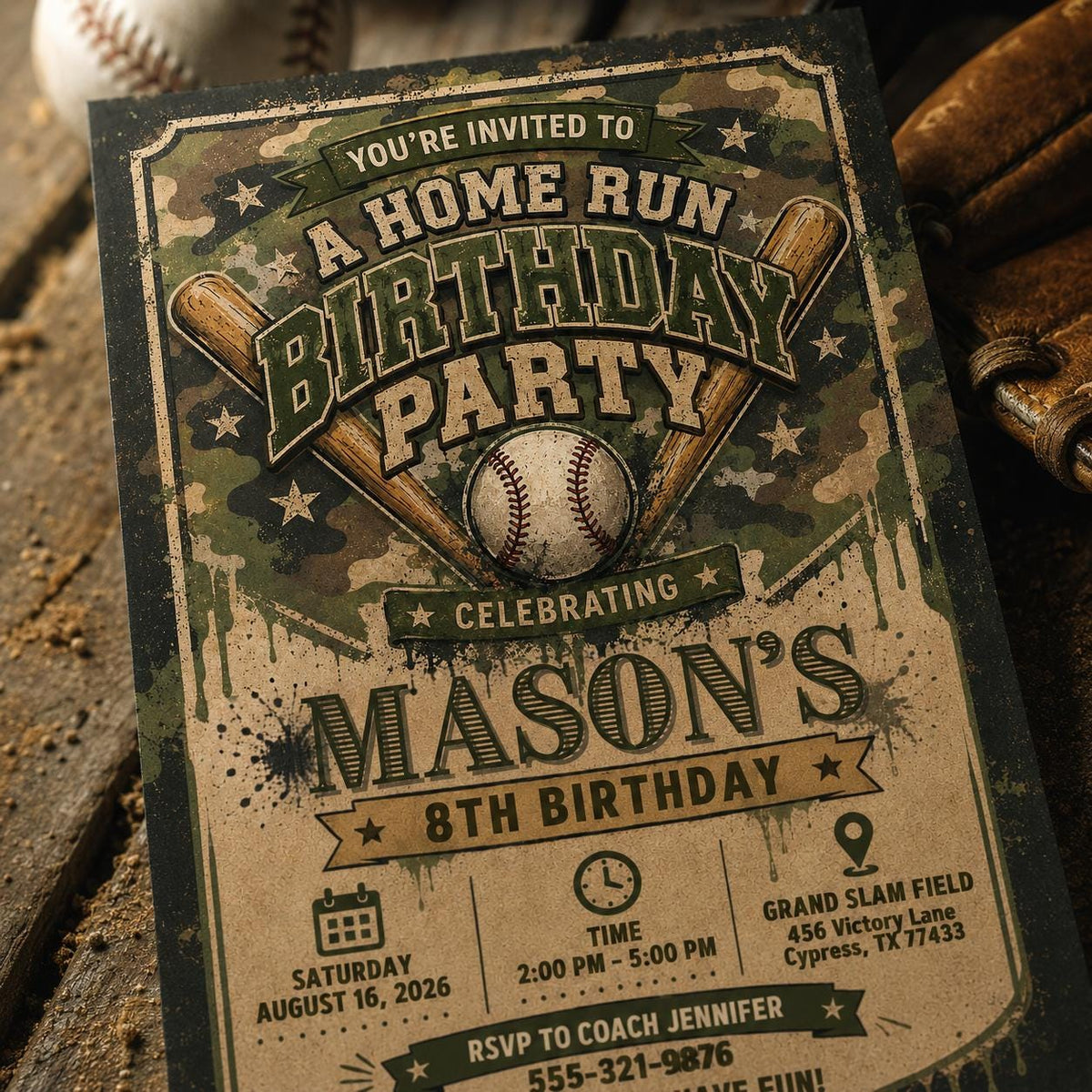 Green Vintage Baseball Birthday Invitation — digital invitation, instant download