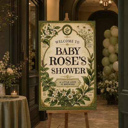 Green Vintage Botanical Baby Shower Welcome Sign — coffee and tea design