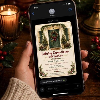 Green Watercolor Christmas Open House Invitation — invitation you personalize in Canva