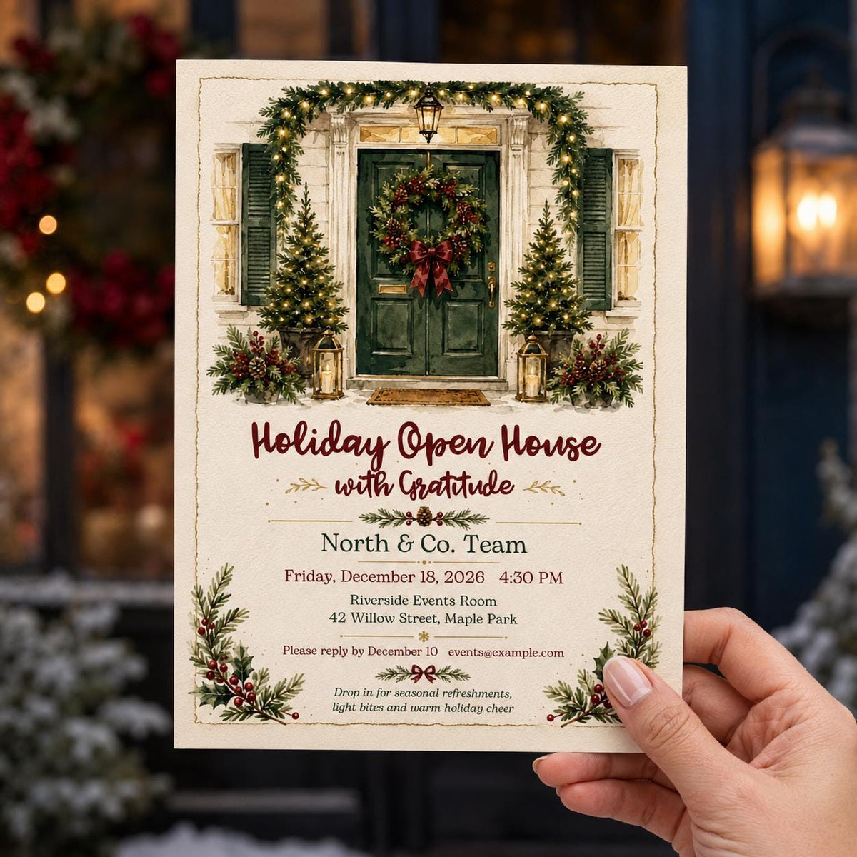 Green Watercolor Christmas Open House Invitation — print-ready Christmas celebration design from VoltBy