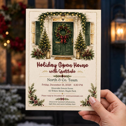 Green Watercolor Christmas Open House Invitation — print-ready Christmas celebration design from VoltBy