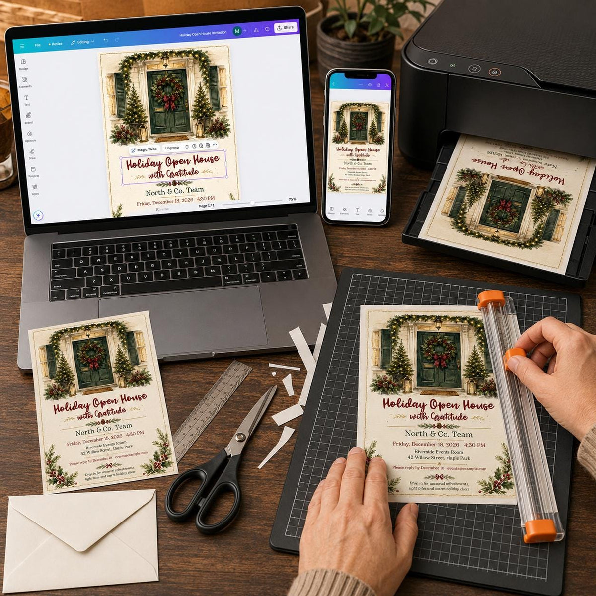 Green Watercolor Christmas Open House Invitation — digital invitation, instant download