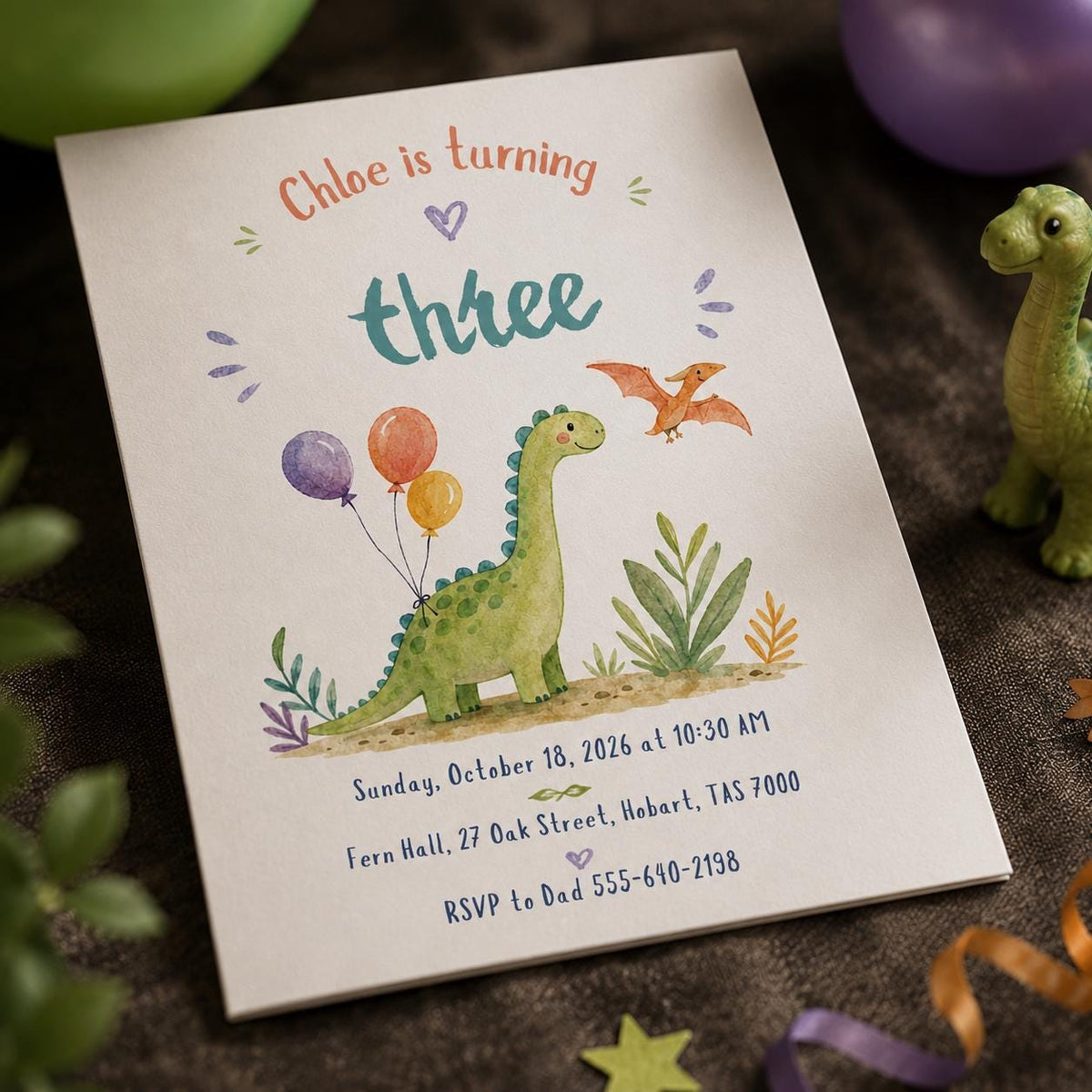 Green Watercolor Dinosaur 3rd Birthday Invitation — print-ready 3rd birthday party design from VoltBy
