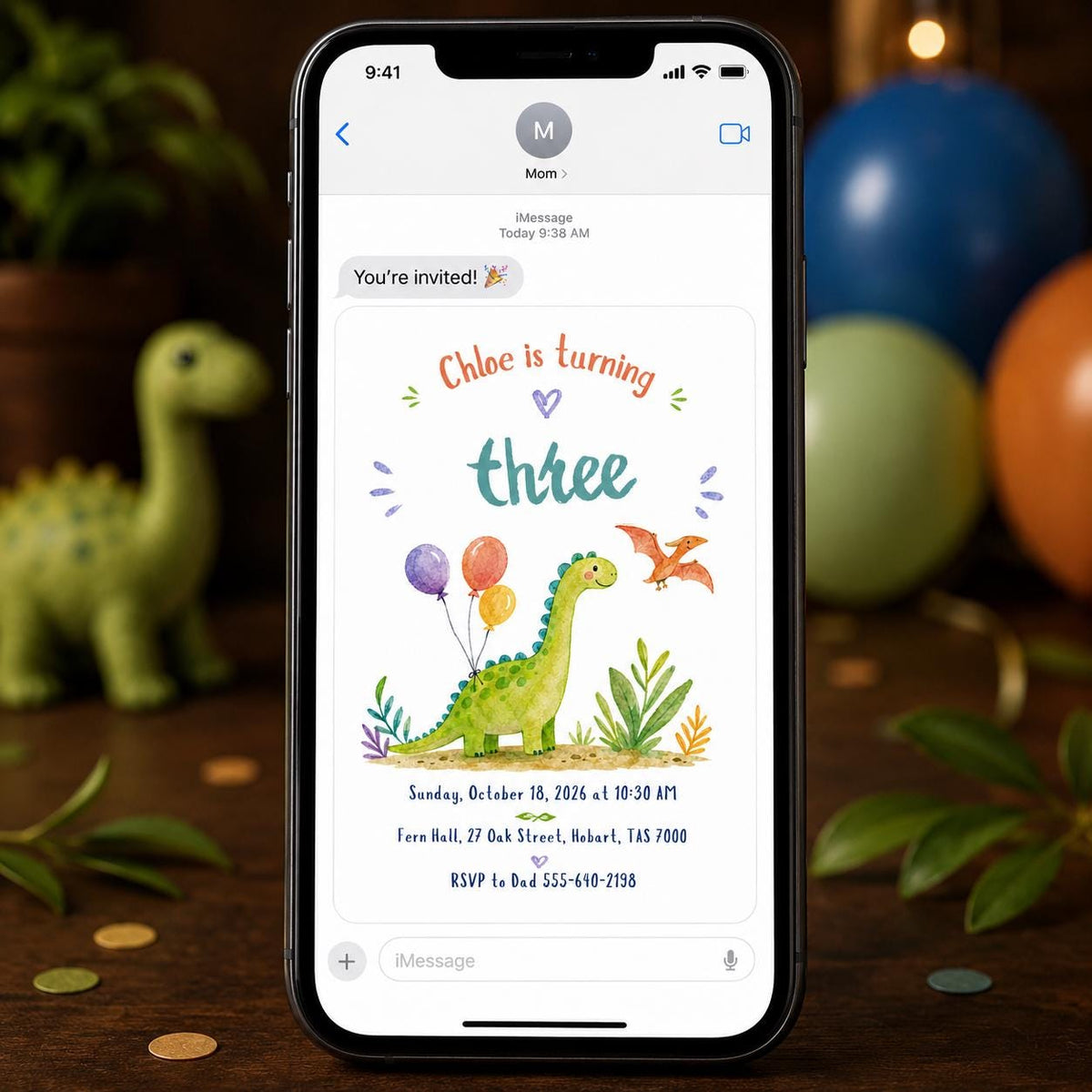 Green Watercolor Dinosaur 3rd Birthday Invitation — digital invitation, instant download