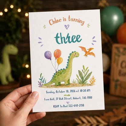 Green Watercolor Dinosaur 3rd Birthday Invitation — 3rd birthday party stationery by VoltBy