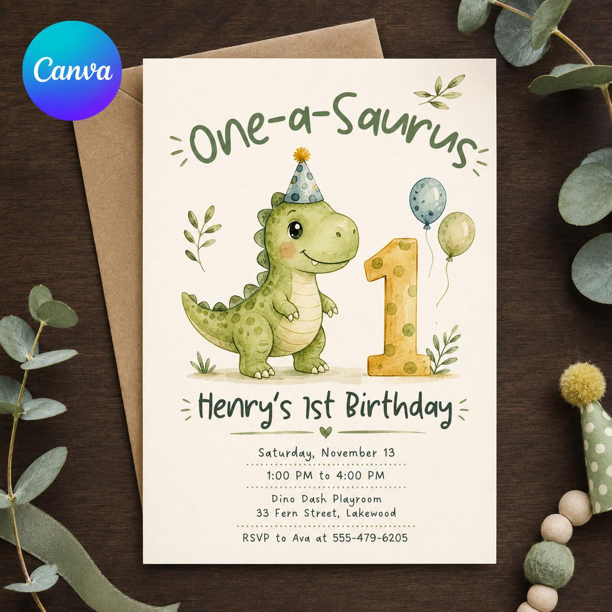 Green Watercolor One-Saurus First Birthday Invitation for Boys — editable Canva template
