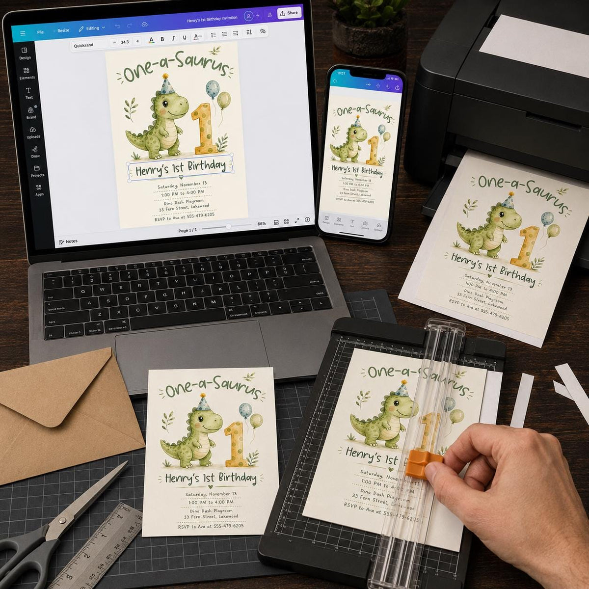 Green Watercolor One-Saurus First Birthday Invitation for Boys — dinosaur design