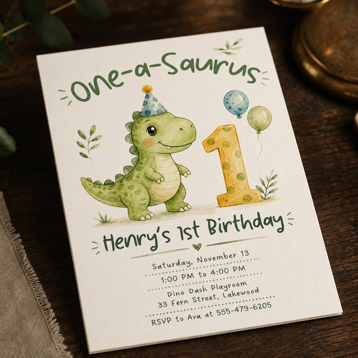 Green Watercolor One-Saurus First Birthday Invitation for Boys — invitation you personalize in Canva