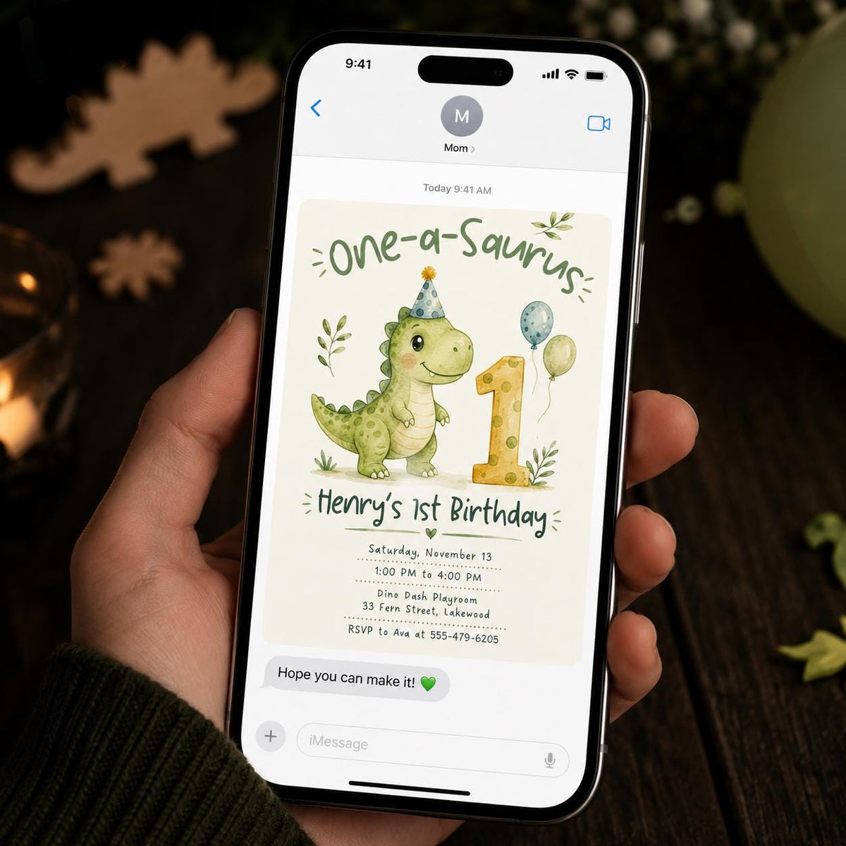 Green Watercolor One-Saurus First Birthday Invitation for Boys — print-ready first birthday design from VoltBy