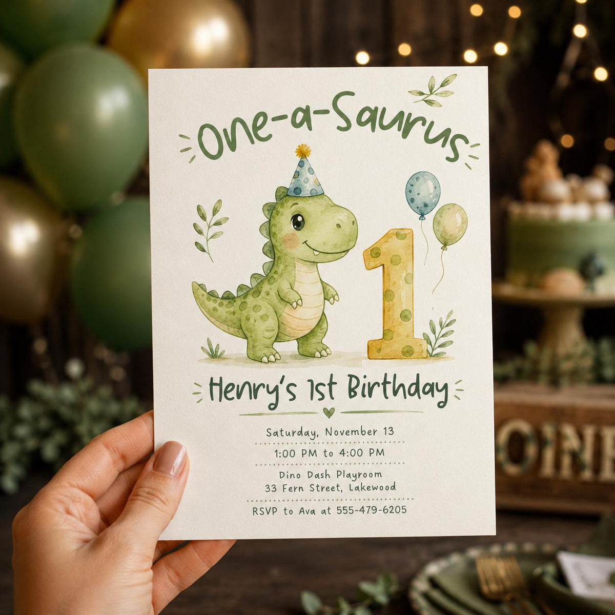 Green Watercolor One-Saurus First Birthday Invitation for Boys — digital invitation, instant download