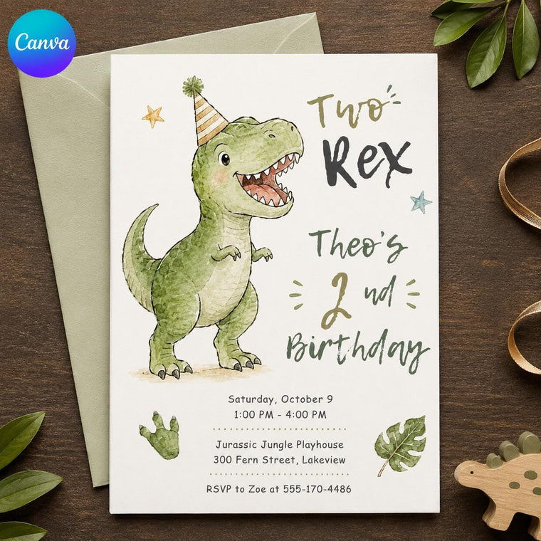Green Watercolor Two Rex Birthday Invitation