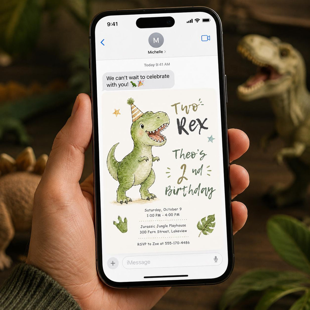 Green Watercolor Two Rex Birthday Invitation — dinosaur design