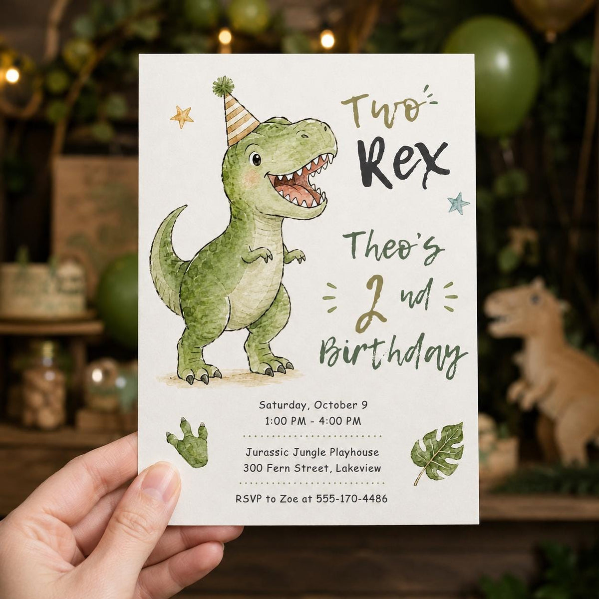 Green Watercolor Two Rex Birthday Invitation — invitation you personalize in Canva