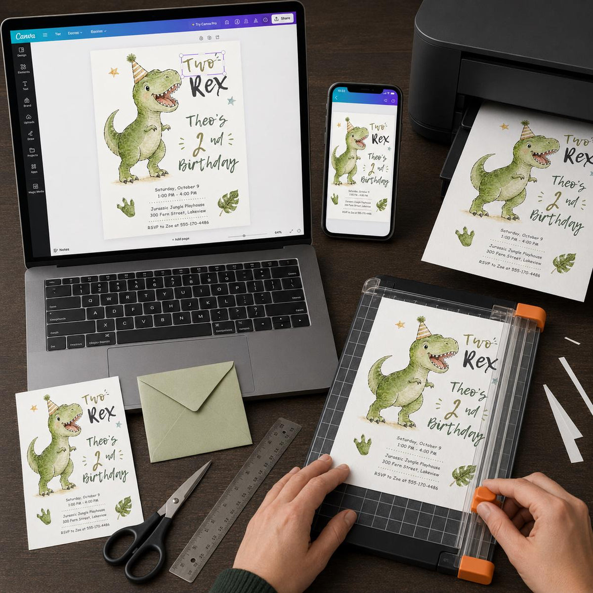 Green Watercolor Two Rex Birthday Invitation — print-ready 2nd birthday party design from VoltBy