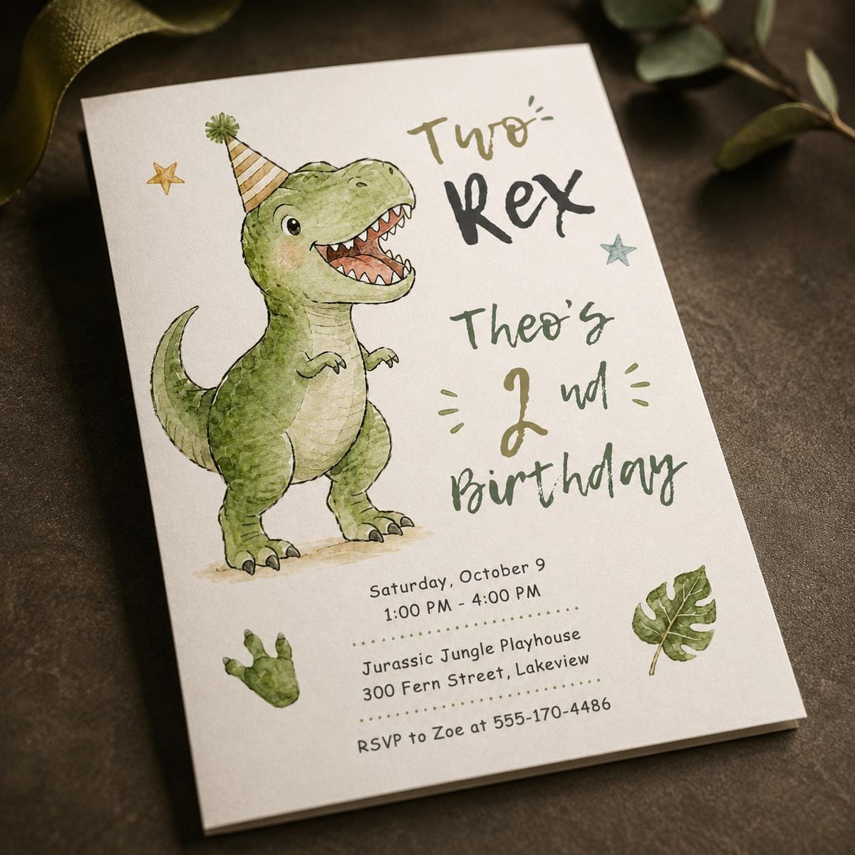 Green Watercolor Two Rex Birthday Invitation — digital invitation, instant download
