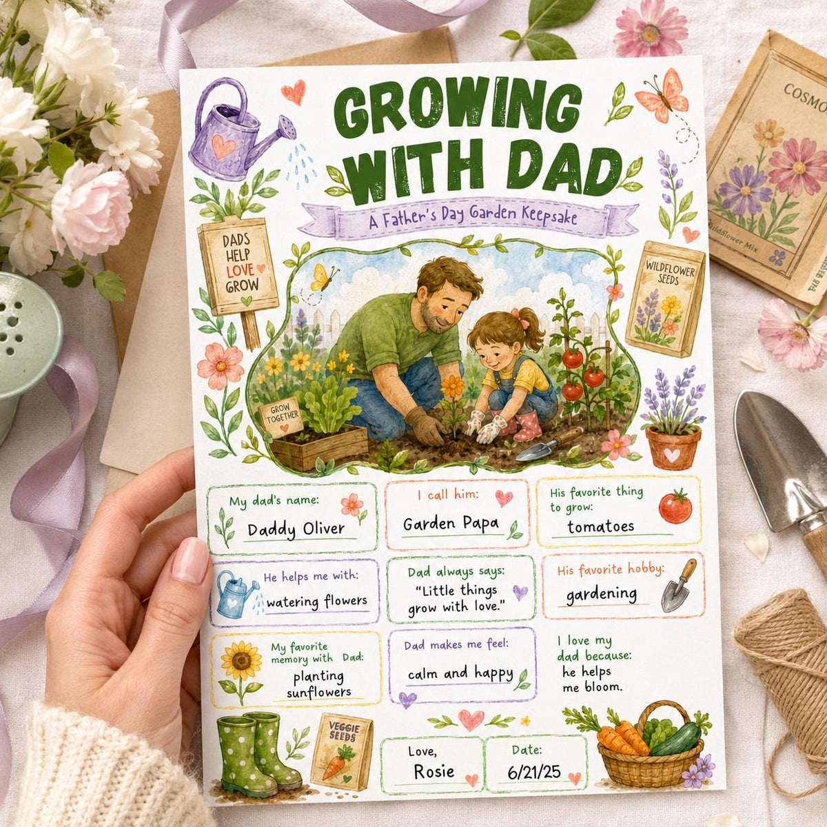 Growing with Dad Father's Day Garden Worksheet in cream and green