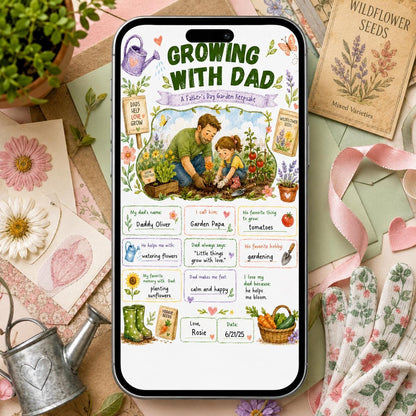 Growing with Dad Father's Day Garden Worksheet — tools artwork in cream and green