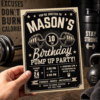 Gym 10th Birthday Invitation — print-ready 10th birthday party design from VoltBy